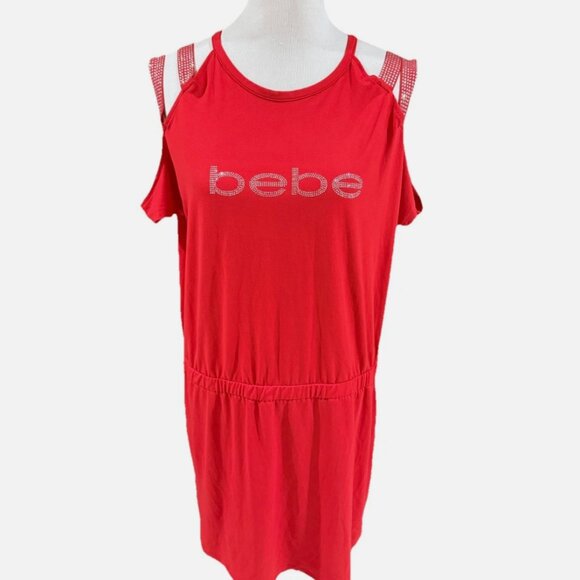 Bebe Red Sexy Logo Swarovski Crystal Accent Cold Shoulders Mini Dress Size 1X - Picture 1 of 9